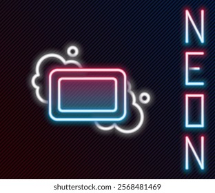 Glowing neon line Bar of soap icon isolated on black background. Soap bar with bubbles. Colorful outline concept. Vector