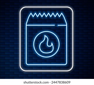 Glowing neon line Barbecue coal bag icon isolated on brick wall background.  Vector