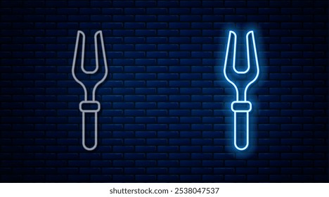 Glowing neon line Barbecue fork icon isolated on brick wall background. BBQ fork sign. Barbecue and grill tool.  Vector