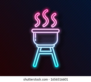 Glowing neon line Barbecue grill icon isolated on black background. BBQ grill party.  Vector Illustration