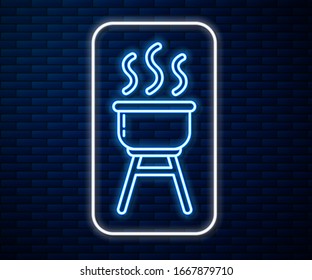 Glowing neon line Barbecue grill icon isolated on brick wall background. BBQ grill party.  Vector Illustration