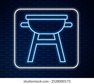 Glowing neon line Barbecue grill icon isolated on brick wall background. BBQ grill party.  Vector