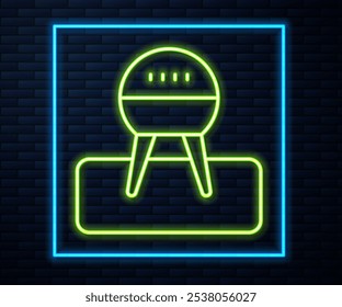 Glowing neon line Barbecue grill icon isolated on brick wall background. BBQ grill party.  Vector