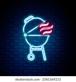 Glowing neon line Barbecue grill icon isolated on brick wall background. BBQ grill party. Colorful outline concept. Vector