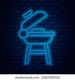 Glowing neon line Barbecue grill icon isolated on brick wall background. BBQ grill party.  Vector