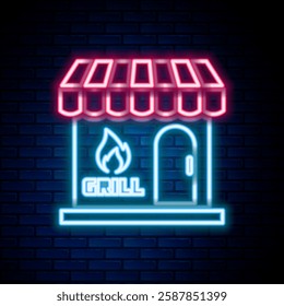 Glowing neon line Barbecue shopping building or market store icon isolated on brick wall background. BBQ grill party. Shop construction. Colorful outline concept. Vector