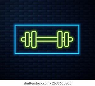 Glowing neon line Barbell icon isolated on brick wall background. Muscle lifting icon, fitness barbell, gym, sports equipment, exercise bumbbell.  Vector