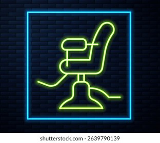 Glowing neon line Barbershop chair icon isolated on brick wall background. Barber armchair sign.  Vector