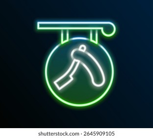 Barbearia de linha de neon brilhante com ícone de navalha isolado no fundo preto. Logo ou placa de cabeleireiro. Conceito de contorno colorido. Vetor