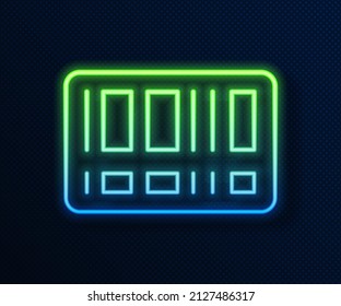 Icono de código de barras de neón brillante aislado en fondo azul.  Vector