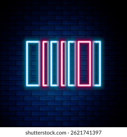 Glowing neon line Barcode icon isolated on brick wall background. Colorful outline concept. Vector