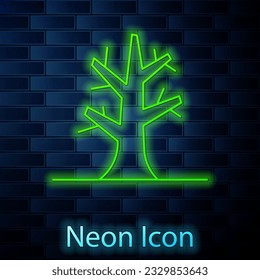 Icono del árbol de neón brillante aislado en el fondo de la pared de ladrillo.  Vector