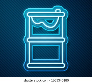 Glowing neon line Barrel oil leak icon isolated on blue background.  Vector Illustration