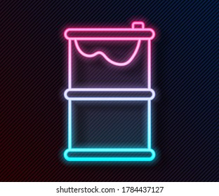Glowing neon line Barrel oil leak icon isolated on black background.  Vector Illustration
