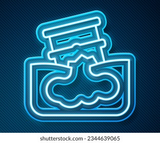 Glowing neon line Barrel oil leak icon isolated on blue background.  Vector