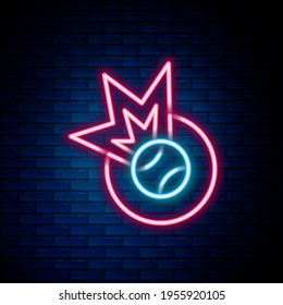 Glowing neon line Baseball ball icon isolated on brick wall background. Colorful outline concept. Vector