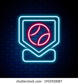 Glowing neon line Baseball base icon isolated on brick wall background. Colorful outline concept. Vector