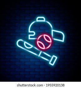 Glowing neon line Baseball bat with ball, hat icon isolated on brick wall background. Colorful outline concept. Vector