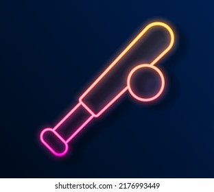 Glowing neon line Baseball bat with ball icon isolated on black background.  Vector
