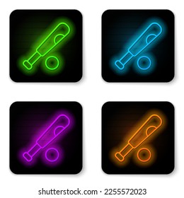 Glowing neon line Baseball bat with ball icon isolated on white background. Black square button. Vector
