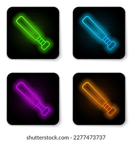 Glowing neon line Baseball bat icon isolated on white background. Black square button. Vector