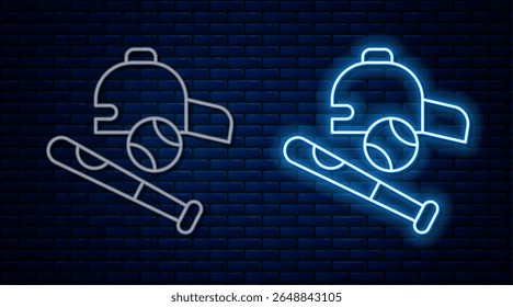 Glowing neon line Baseball bat with ball, hat icon isolated on brick wall background.  Vector