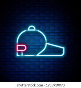 Glowing neon line Baseball cap icon isolated on brick wall background. Sport equipment. Sports uniform. Colorful outline concept. Vector
