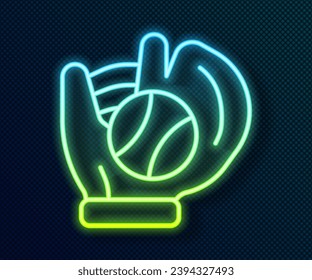 Glowing neon line Baseball glove with ball icon isolated on black background.  Vector