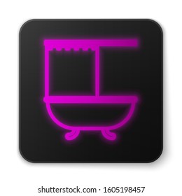 Glowing neon line Bathtub with open shower curtain icon isolated on white background. Black square button. Vector Illustration