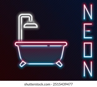Glowing neon line Bathtub with shower icon isolated on black background. Colorful outline concept. Vector