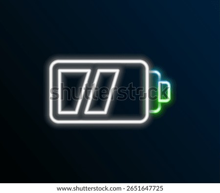 Glowing neon line Battery for camera icon isolated on black background. Lightning bolt symbol. Colorful outline concept. Vector