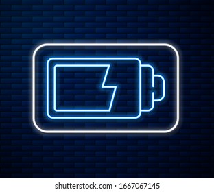 Glowing neon line Battery charge level indicator icon isolated on brick wall background.  Vector Illustration