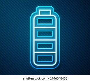 Glowing neon line Battery charge level indicator icon isolated on blue background.  Vector Illustration
