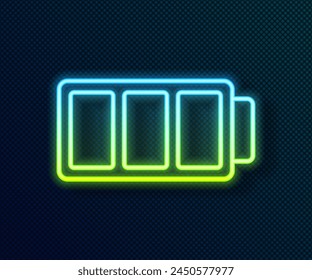 Glühende Neonlinie Batterie Abbuchung Level Indikator Symbol isoliert auf schwarzem Hintergrund.  Vektorgrafik