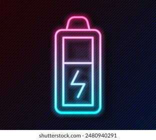 Glowing neon line Battery icon isolated on black background. Lightning bolt symbol.  Vector