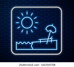 Glowing neon line Beach with umbrella and chair icon isolated on brick wall background. Tropical beach landscape. Good sunny day.  Vector Illustration