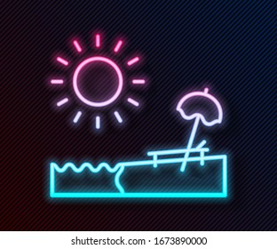 Glowing neon line Beach with umbrella and chair icon isolated on black background. Tropical beach landscape. Good sunny day.  Vector Illustration