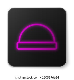 Glowing neon line Beanie hat icon isolated on white background. Black square button. Vector Illustration