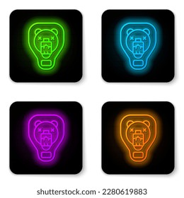 Glowing neon line Bear head on shield icon isolated on white background. Hunting trophy on wall. Black square button. Vector