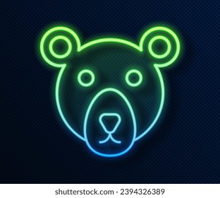 Glowing neon line Bear head icon isolated on blue background.  Vector