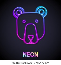 Icono de cabeza de oso de línea de neón brillante aislado sobre fondo negro.  Vector