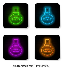 Glowing neon line Beard and mustaches care oil bottle icon isolated on white background. Glass bottle with pipette. Black square button. Vector Illustration