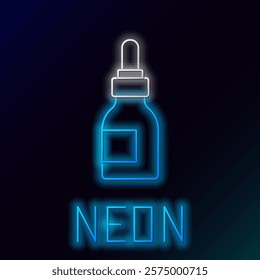 Glowing neon line Beard and mustaches care oil bottle icon isolated on black background. Glass bottle with pipette. Colorful outline concept. Vector