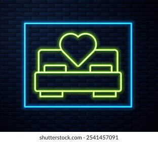 Glowing neon line Bedroom icon isolated on brick wall background. Wedding, love, marriage symbol. Bedroom creative icon from honeymoon collection.  Vector