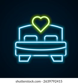 Glowing neon line Bedroom icon isolated on black background. Wedding, love, marriage symbol. Bedroom creative icon from honeymoon collection. Colorful outline concept. Vector