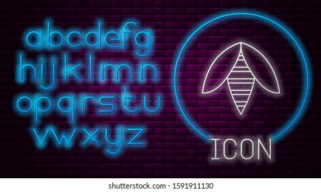 Glowing neon line Bee icon isolated on brick wall background. Sweet natural food. Honeybee or apis with wings symbol. Flying insect. Neon light alphabet. Vector Illustration