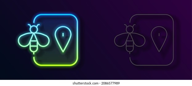 Glowing neon line Bee location map pin pointer icon isolated on black background. Farm animal map pointer.  Vector