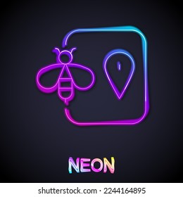 Glowing neon line Bee location map pin pointer icon isolated on black background. Farm animal map pointer.  Vector