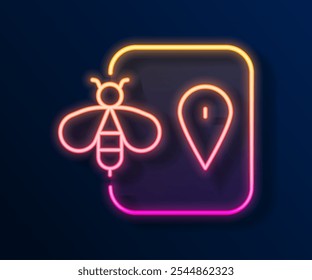 Glowing neon line Bee location map pin pointer icon isolated on black background. Farm animal map pointer.  Vector
