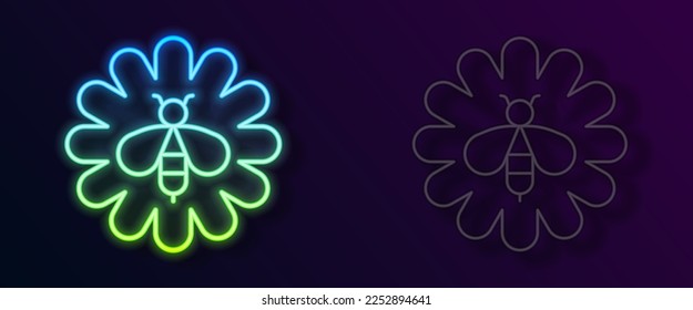 Glowing neon line Bee on flower icon isolated on black background. Sweet natural food. Honeybee or apis with wings symbol. Flying insect.  Vector